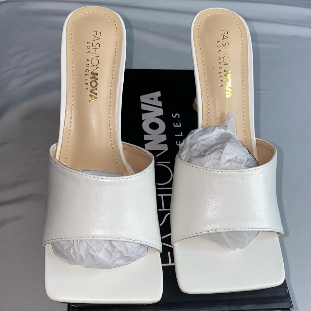 Fashion Nova White Square Toe Heeled Sandals